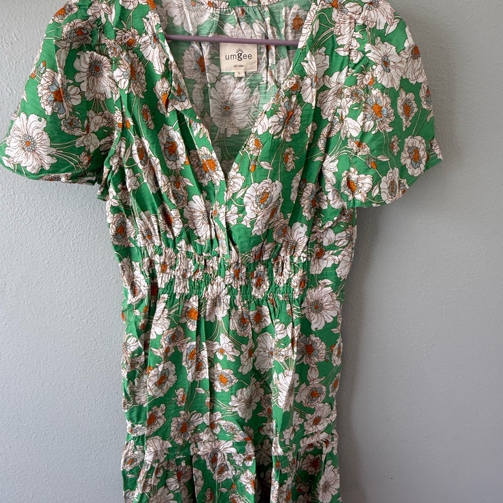 Umgee Green and White Floral Midi Dress with Orange Accents